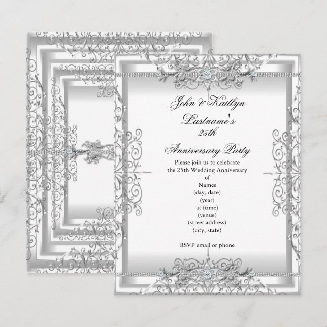25-årsdagen Party Damask Silver White Inbjudningar (Fram/baksida)