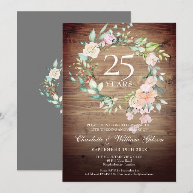 25-årsdagen Rustic Boho Wood Ro Garland Inbjudningar (Fram/baksida)