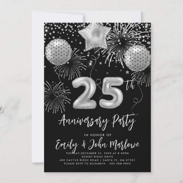 25-årsdagen Silver Glitter Konfetti Champagne Inbjudningar (Framsida)