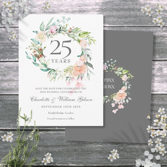 25-årsdagen Spara datum Ro Garland Meddelande Vykort (25th Anniversary Save the Date Roses Garland Announcement Postcard)
