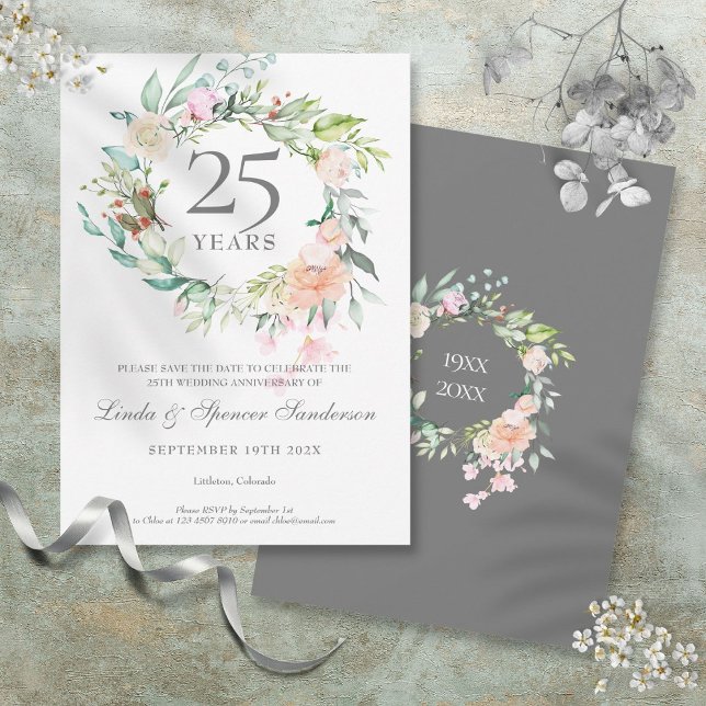 25-årsdagen Spara datum Ro Garland Spara Datumet (25th Anniversary Save the Date Roses Garland)