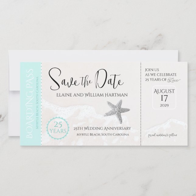25-årsjubileum Beach Boarding Pass Spara datum (Framsida)