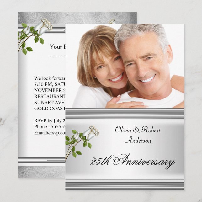 25-årsjubileum Bröllop Silver Vit Ros Inbjudningar (Fram/baksida)