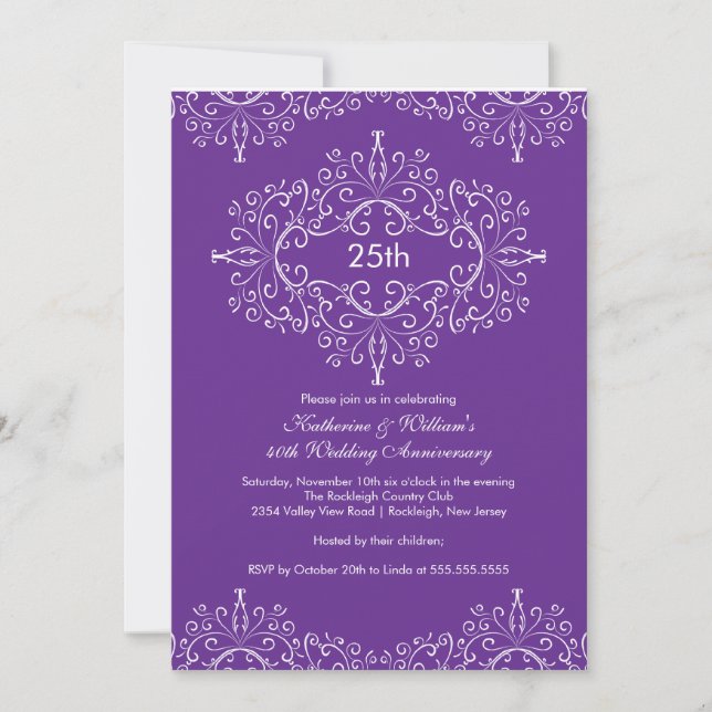 25-årsjubileum Damask-inbjudan Lila Vit Inbjudningar (Framsida)