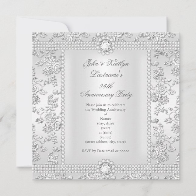 25-årsjubileum Diamond Ro Damask Silver White Inbjudningar (Framsida)