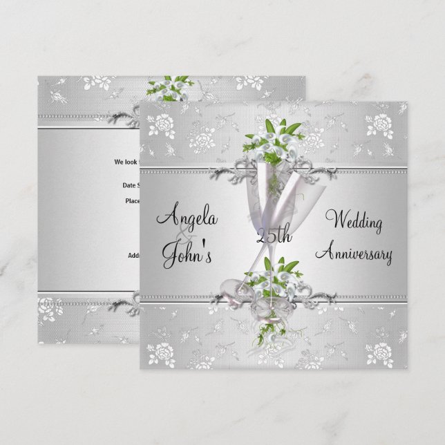 25-årsjubileum Elegant Silver Vit Blommig Inbjudningar (Fram/baksida)