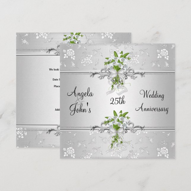 25-årsjubileum Elegant Silver Vit Blommig Inbjudningar (Fram/baksida)