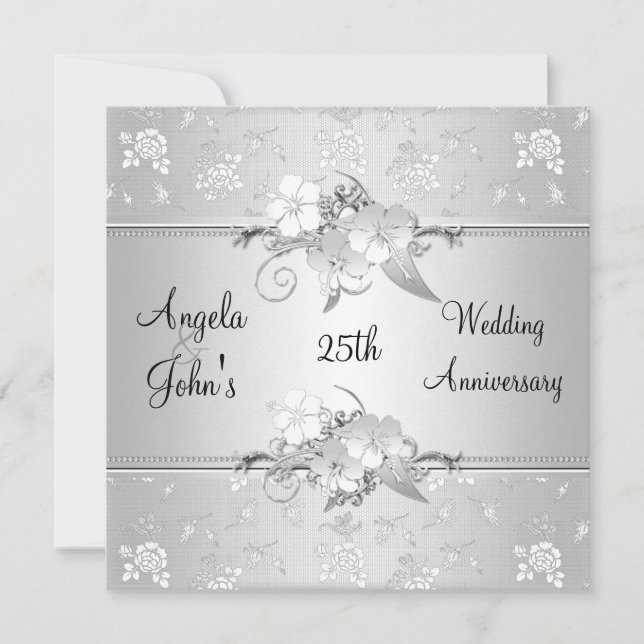 25-årsjubileum Elegant Silver Vitt Blommig Inbjudningar (Framsida)