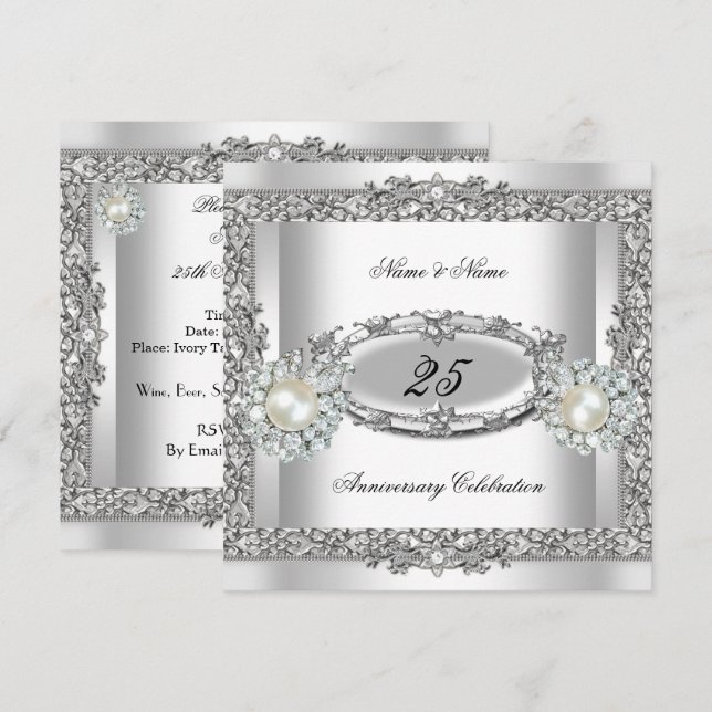 25-årsjubileum Elegant Vit Silver Sling 2 Inbjudningar (Fram/baksida)