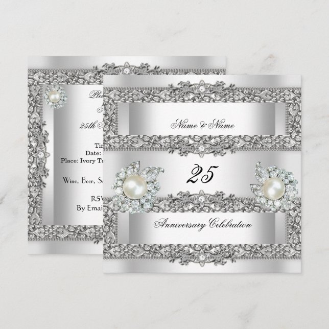 25-årsjubileum Elegant Vit Silverpärlsbroderi Inbjudningar (Fram/baksida)