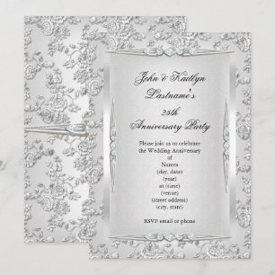 25-årsjubileum Födelsedagsfirande Rose Damask Silv Inbjudningar