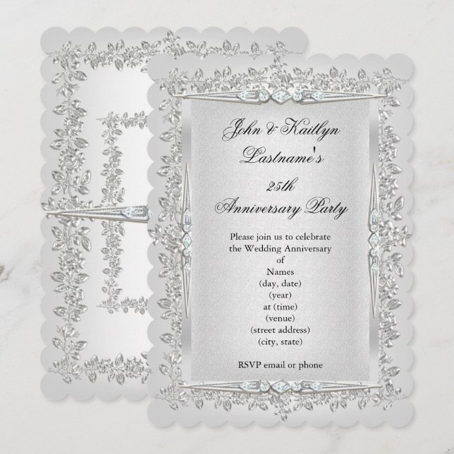 25-årsjubileum Födelsedagsfirande Rose Damask Silv Inbjudningar (Fram/baksida)