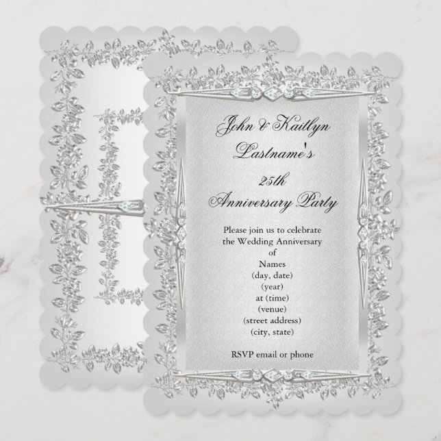 25-årsjubileum Födelsedagsros Damaskus Silver Vit  Inbjudningar (Fram/baksida)