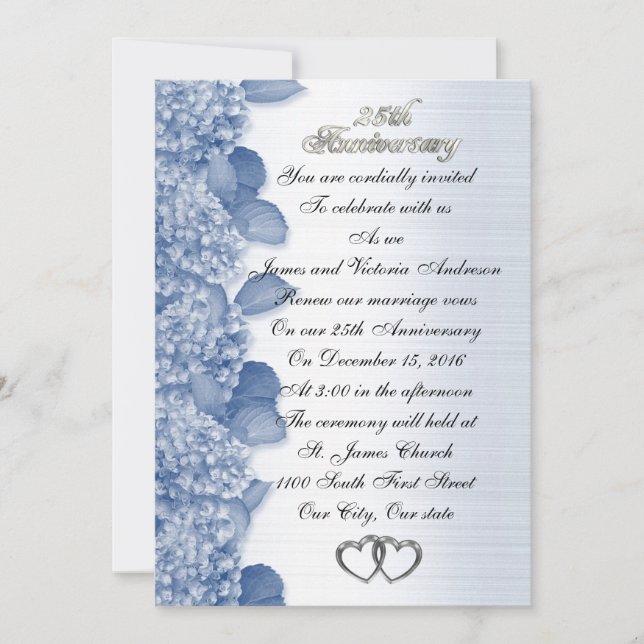 25-årsjubileum för bröllop blå Hydrangea Inbjudningar (Framsida)