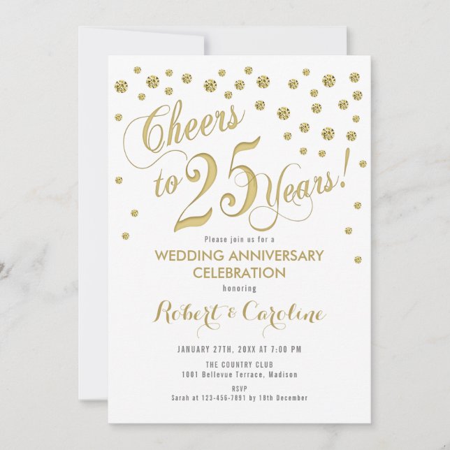 25-årsjubileum för bröllop inbjudan - Guld & Vit (Framsida)