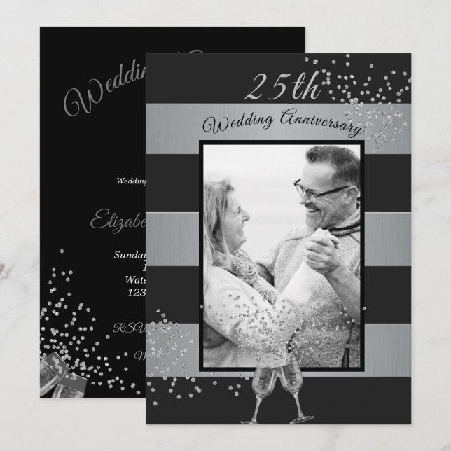 25-årsjubileum för bröllop Svart Silver Inbjudningar (Fram/baksida)