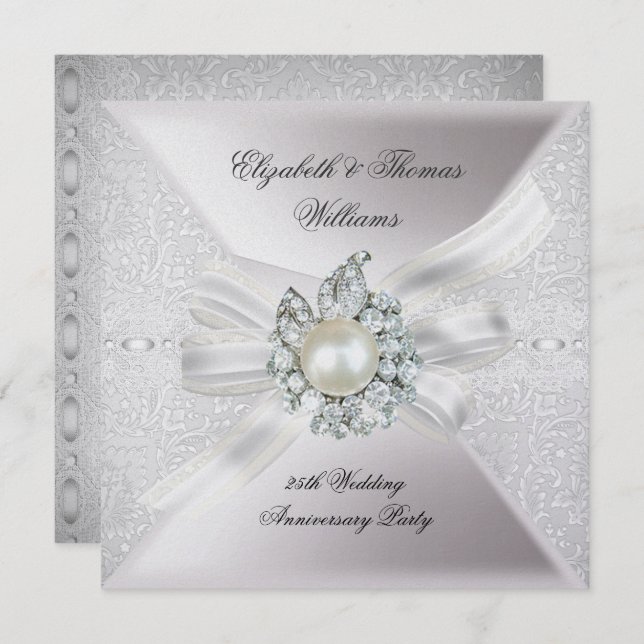25-årsjubileum för bröllopsfest slingrande pärlvit inbjudningar (Fram/baksida)