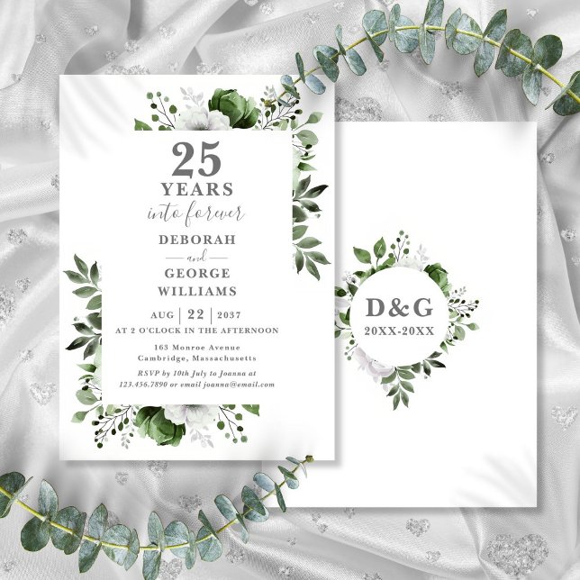 25-årsjubileum Grönska Blommig Monogram Inbjudningar (25th Wedding Anniversary Greenery Floral Monogram Invitation)