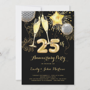 25-årsjubileum Guld Svarta Ballonger Champagne Inbjudningar