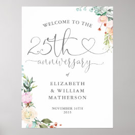 25-årsjubileum Hjärtformad Skrift Blommig Välkomst Poster