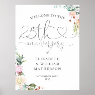 25-årsjubileum Hjärtformad Skrift Blommig Välkomst Poster