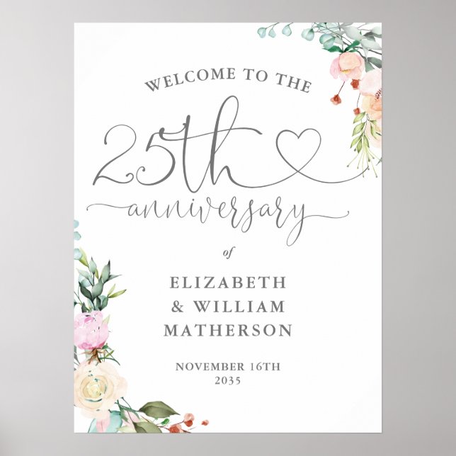 25-årsjubileum Hjärtformad Skrift Blommig Välkomst Poster (Framsidan)