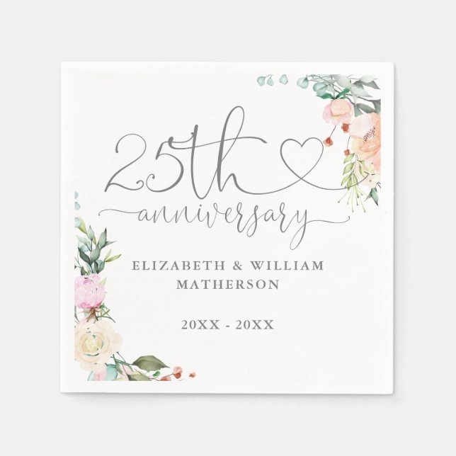 25-årsjubileum Hjärtmanus Rosor Blommig Pappersservett (Framsidan)