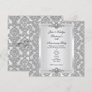 25-årsjubileum Party Damask Silver Vit Inbjudningar