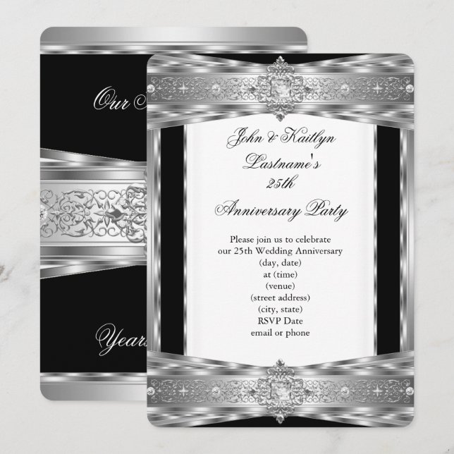 25-årsjubileum Party Damast Diamant Silver Svart Inbjudningar (Fram/baksida)