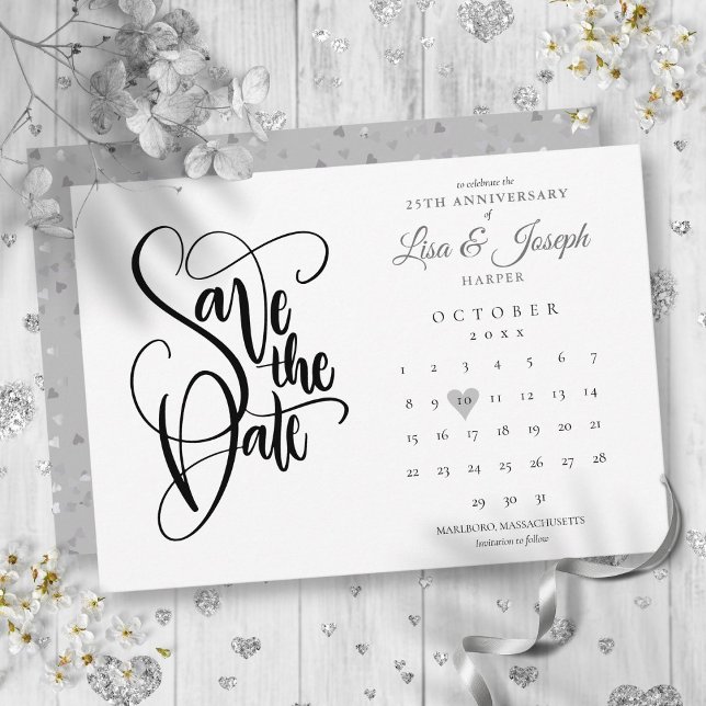 25-årsjubileum Rädda datumet Kalender Kärlek Hjart Spara Datumet (25th Anniversary Save the Date Calendar Love Heart)
