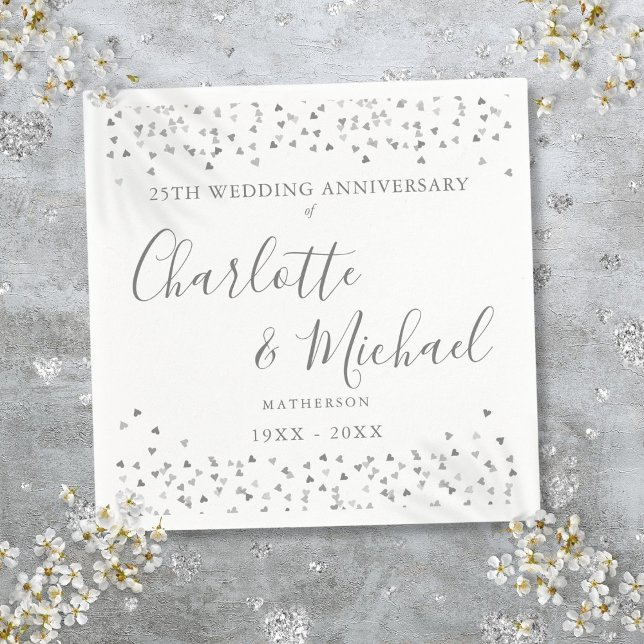 25-årsjubileum Signatur Silver Hjärtan Konfetti Pappersservett (25th Anniversary Signature Silver Hearts Confetti Napkins)