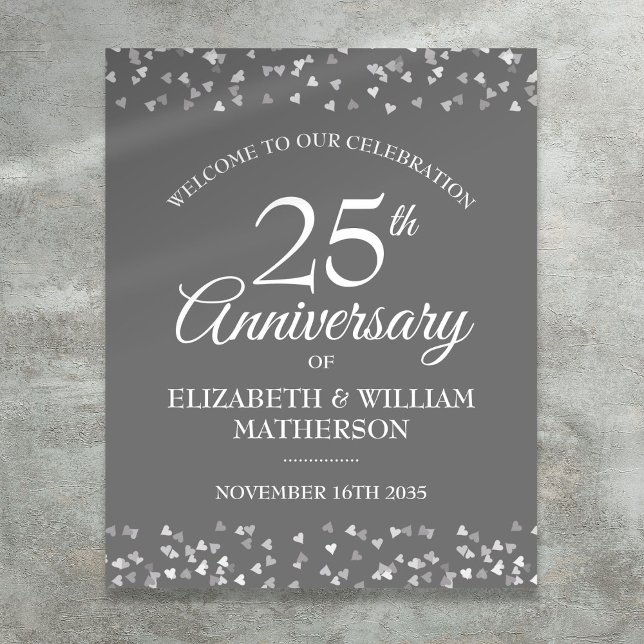 25-årsjubileum Silver Love Hearts Välkomstskylt Poster (25th Anniversary Silver Love Hearts Welcome Sign)