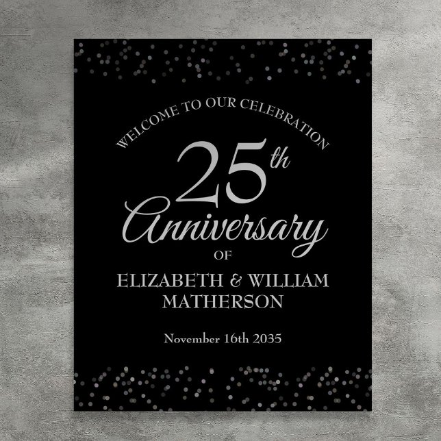 25-årsjubileum Silver Och Svart Välkomstskylt Poster (25th Anniversary Silver And Black Welcome Sign)