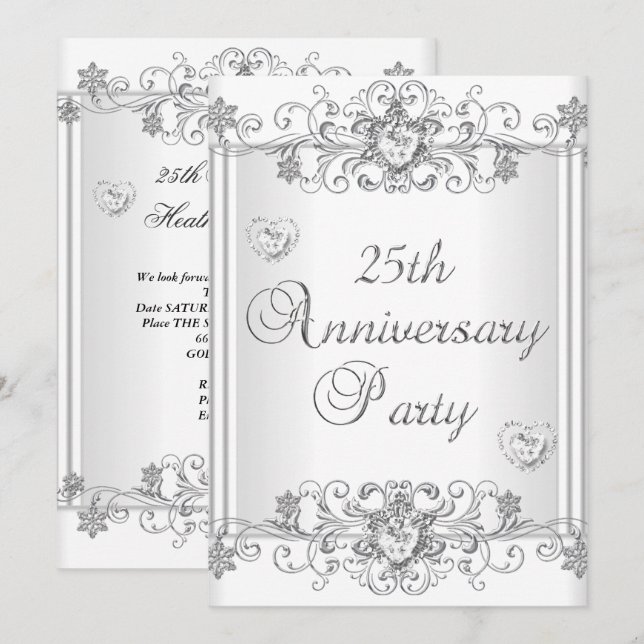 25-årsjubileum Silver Vitt Diamanthjärta 2 Inbjudningar (Fram/baksida)