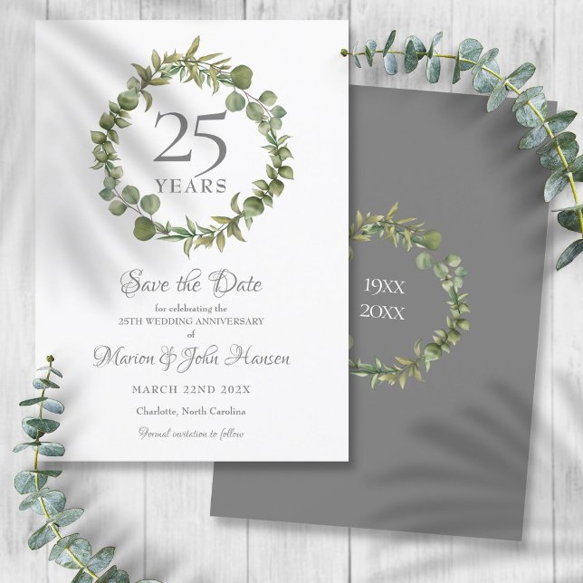 25-årsjubileum Spara datum Grönskande krans  Inbjudningar (25th Anniversary Save the Date Greenery Garland Invitation)