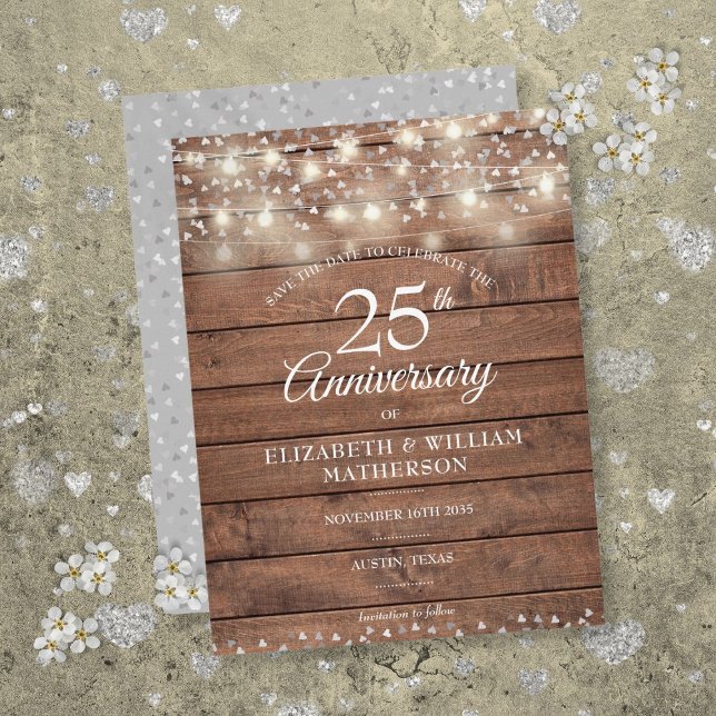 25-årsjubileum Strängljus Trä Spara Datum Meddelande Vykort (25th Anniversary String Lights Wood Save the Date Announcement Postcard)