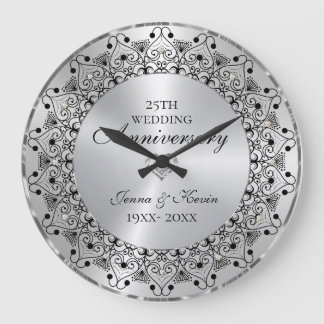 25-årsjubileum Svart Mandala På Silver Stor Klocka