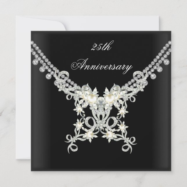 25-årsjubileum Svart Vitt Silver Pärl Smycke Inbjudningar (Framsida)