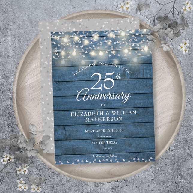25-årsjubileum Trädgårdsbelysning Spara Datum Meddelande Vykort (25th Anniversary Wood String Lights Save the Date Announcement Postcard)