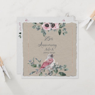 25-årsjubileum Vattenfärg Rosa Blommor och Fåglar Inbjudningar