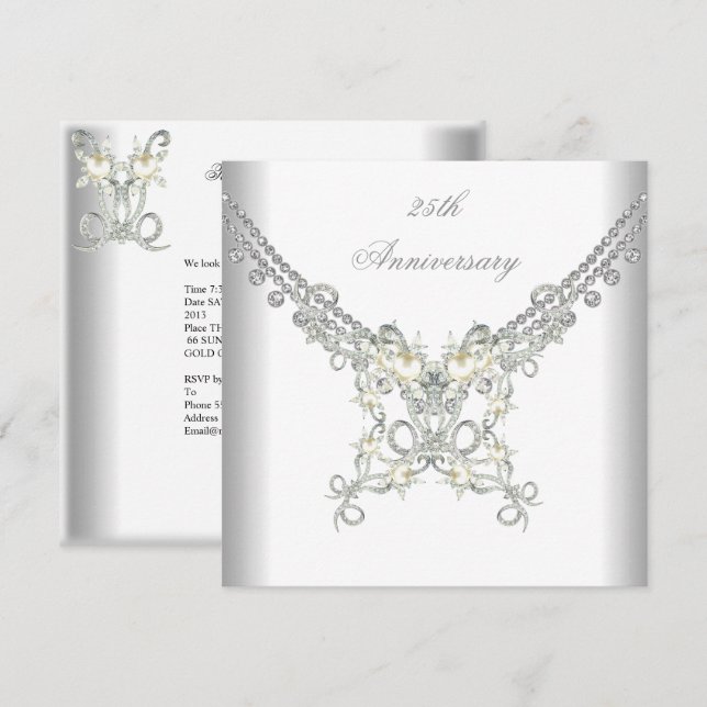 25-årsjubileum Vit Silverpärl Jewel Inbjudningar (Fram/baksida)