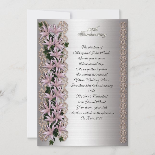 25-årsjubileum Vow förnyelse av vin och lilies Inbjudningar (Framsida)