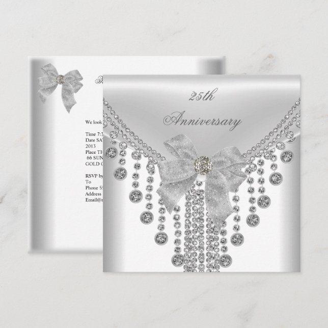 25-årsjubileum: White Silver Overlay Bow Jewel Inbjudningar (Fram/baksida)
