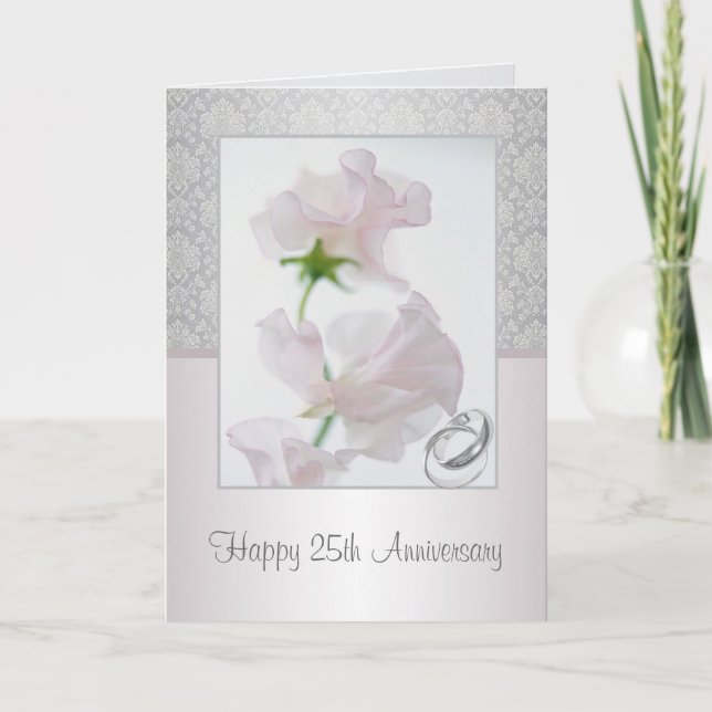 25-årsjubileumskort. Blommor, ringar, damastmönste Kort (Framsida)