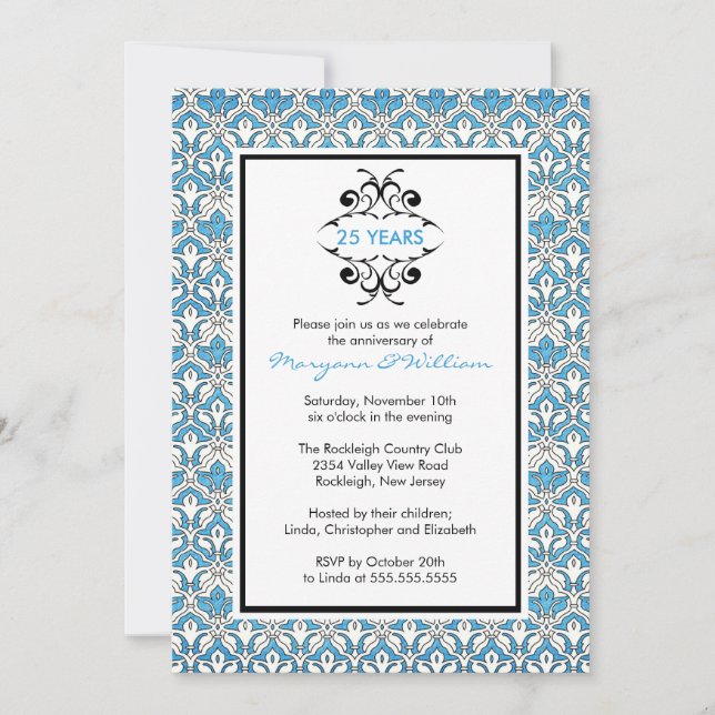 25-årsjubileumspartaj Invitation Turkos Damask Inbjudningar (Framsida)