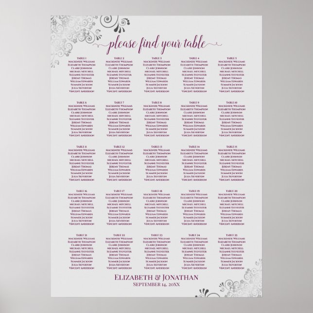 25 Bord Cassis på sittplatskartan Grått Bröllop Poster (Framsidan)