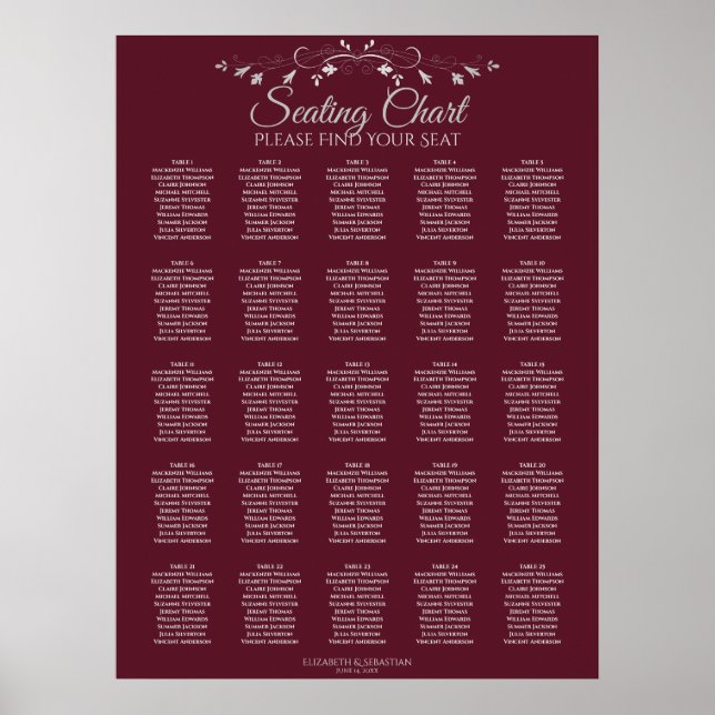 25 Bord Elegant Burgundy Bröllop sittplatsplan Poster (Framsidan)