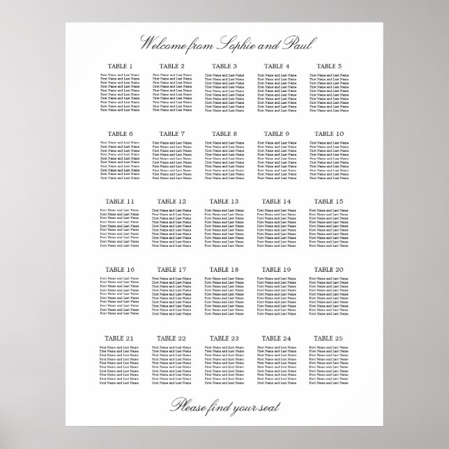 25 Bord Elegant Minimalistisk Placeringsplan Poster (Framsidan)