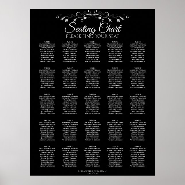 25 Bord Elegant svart sittplatsplan för Bröllop Poster (Framsidan)