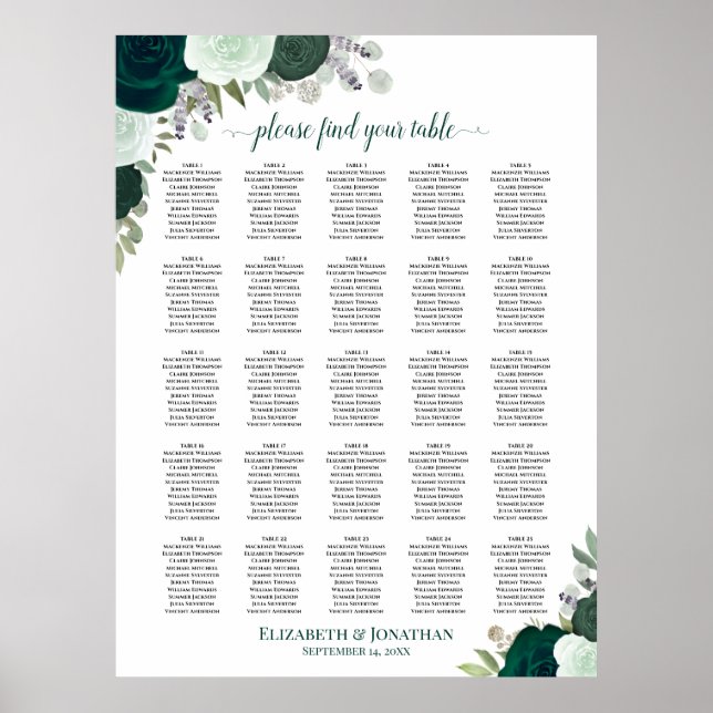 25 Bord Emerald Boho Blommigt Bröllop Sittplatsdia Poster (Framsidan)